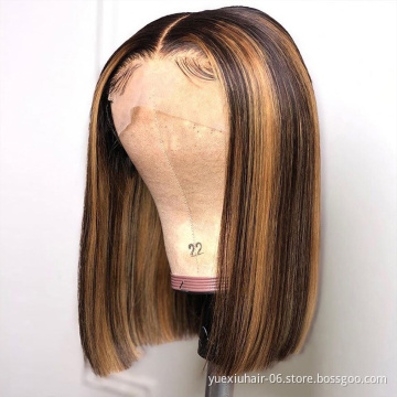Short Bob Highlight 4/27 Color Human Hair Natural Lace Front Wigs Brown Ombre Remy Hair Pre-Plucked Swiss Lace Highlight Bob Wig